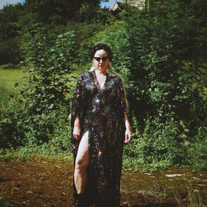 Autumnal Art Deco Circles Sequin V Neck Kaftan Gown, Freesize