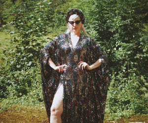 Sequin Mesh Autmnal Bronzes, blues, golds green Circles Pattern V-neck Kaftan Gown