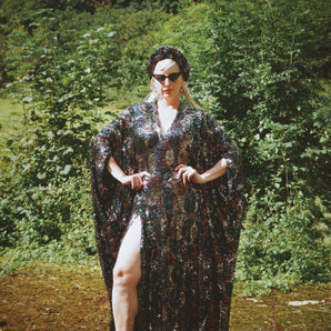 Autumnal Art Deco Circles Sequin V Neck Kaftan Gown, Freesize