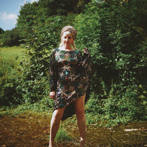 Sequin Mesh Autmnal Bronzes, blues, golds green Flowers pattern Mini Dress Kaftan