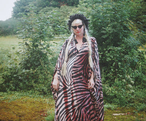 Opulent Velvet Dusky Pink and Black zebra Print textured Velvet kaftan Gown