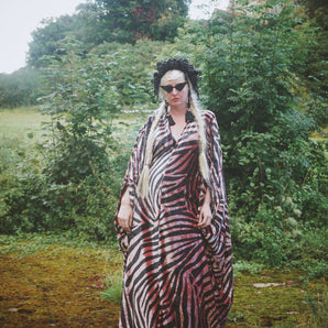 Opulent Velvet Dusky Pink and Black zebra Print textured Velvet kaftan Gown