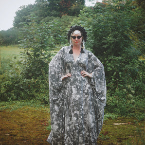 Grey sequin disc print Jersey V-neck Kaftan Gown