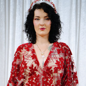 Red Flocked Velvet Sheer V-Neck Kaftan Gown