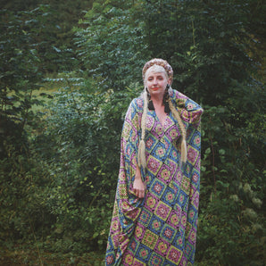 Crochet Jersey Print V-neck Kaftan Gown