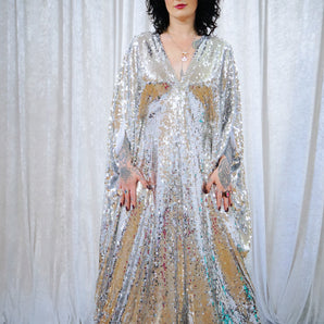 Liquid Disco Silver Sequin V-Neck Kaftan Gown