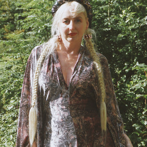 Opulent Velvet paisley Print Dusky Pink and Charcoal Grey Velvet kaftan Gown