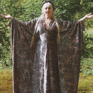 Opulent Velvet Paisley Kaftan Gown, Pink & Charcoal, Free Size