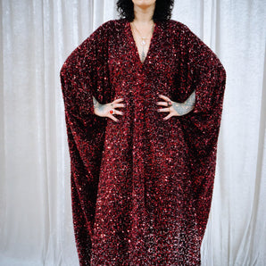 She-Devil Red Sequin Velvet V-Neck Kaftan Gown