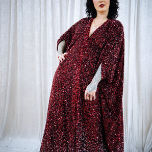 She-Devil Red Sequin Velvet V-Neck Kaftan Gown
