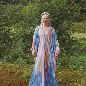 Slinky Malinky Plisse Rainbow splashes V-neck Kaftan Gown