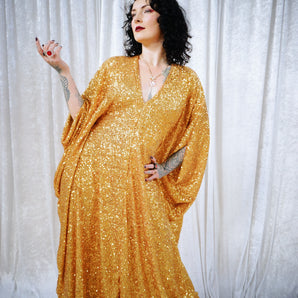Solid Gold Sequin V-Neck Kaftan Gown