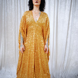 Solid Gold Sequin V-Neck Kaftan Gown
