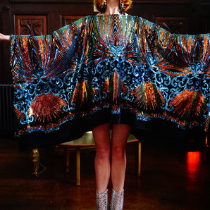 Art Nouveau Blue & Orange Sequin Mini Kaftan Gown