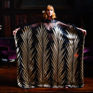 Art Deco Gold Leaf Sequin slash neck Kaftan Gown