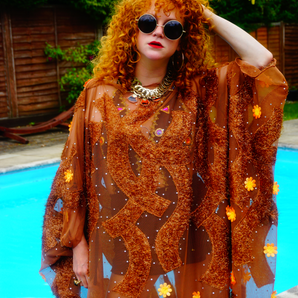 Brown Sheer Lurex 70s Sparkle Kaftan Gown