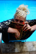 Load image into Gallery viewer, Gold and Black Lurex Sparkle Sequin Kaftan Gown / Kimono Robe
