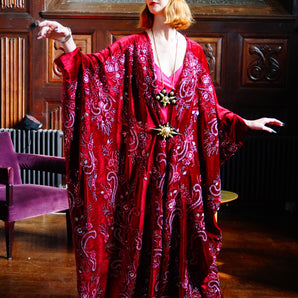 Art Nouveau Burgundy Velvet Kimono Robe