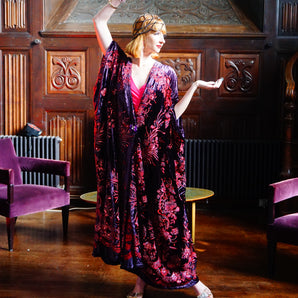 Red Pink and Purple Beaded and sequinned Velvet Kimono Robe