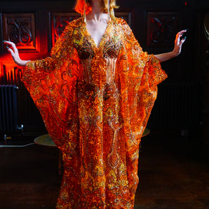 Athena in Amber - Dripping Jewels and Sequins V-Neck Kaftan Gown