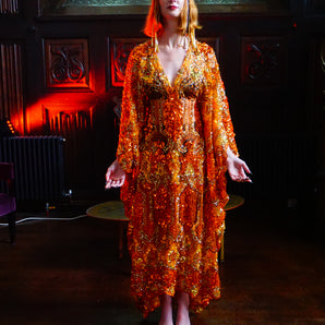 Athena in Amber - Dripping Jewels and Sequins V-Neck Kaftan Gown