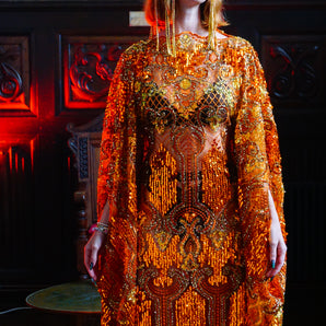 Athena un Amber - Orange Bronze and Gold Slash Neck Kaftan Gown