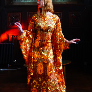 Athena un Amber - Orange Bronze and Gold Slash Neck Kaftan Gown