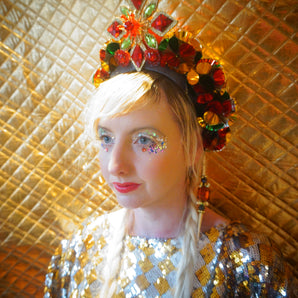 Red Vintage Foil Headband with central jewelled gold cross