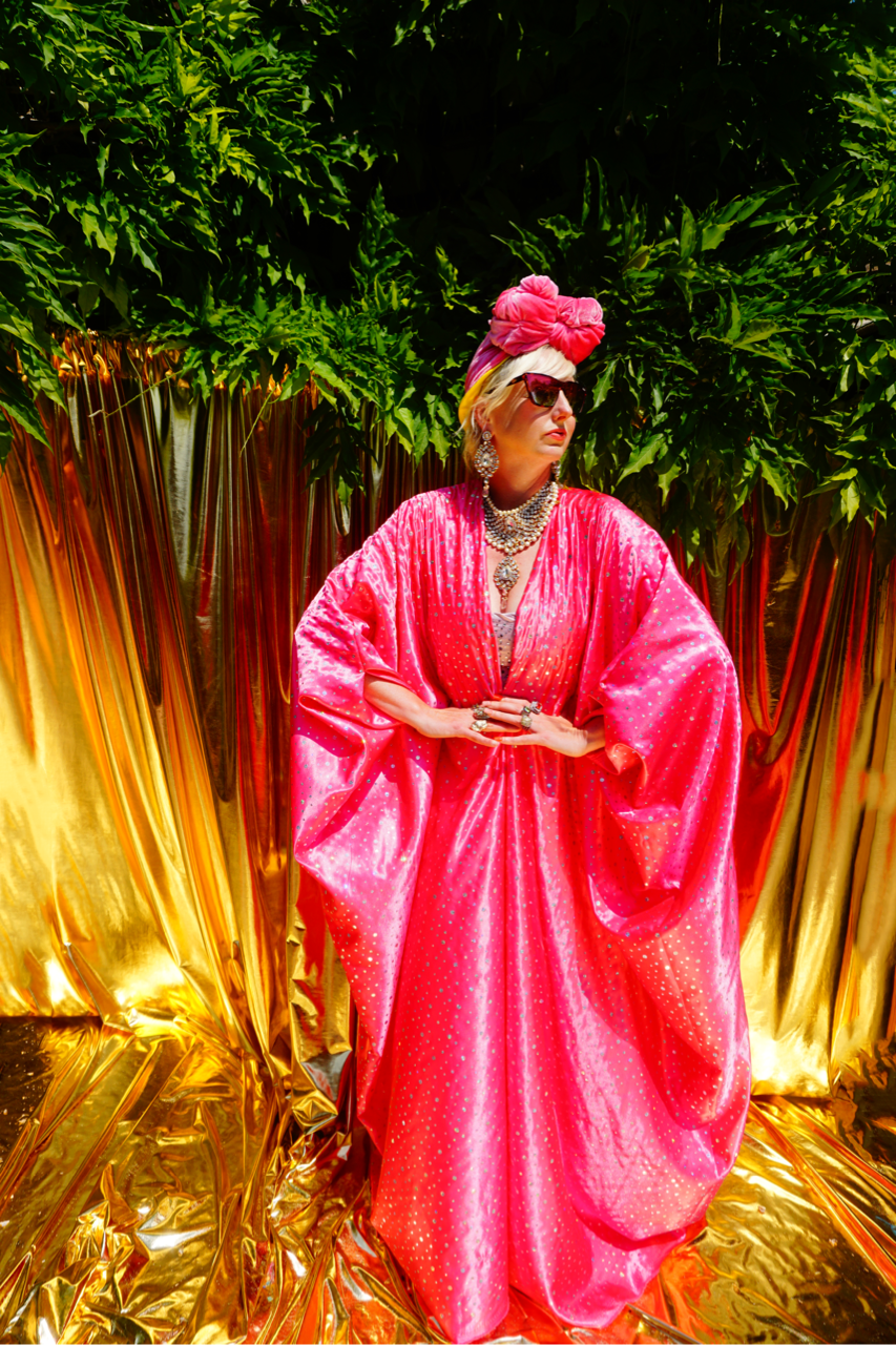 Pink satin silver holographic spots Sequin Kaftan Gown / Kimono Robe