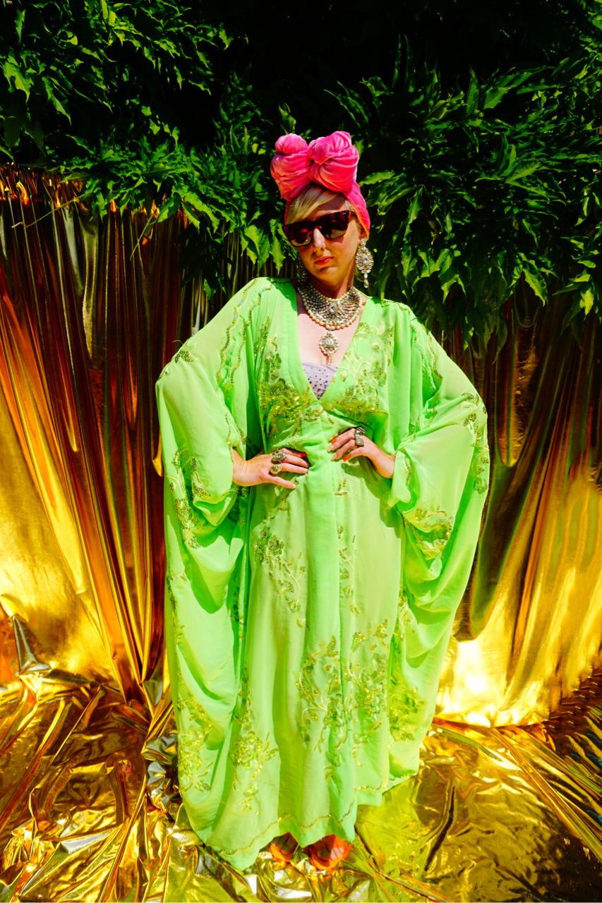 Green Chiffon Sequin Kaftan Gown / Kimono Robe