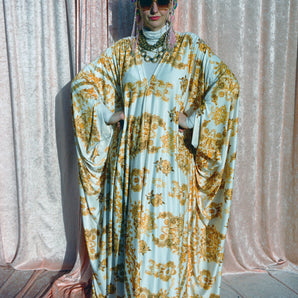 White Slinky Gold  Print V-neck Kaftan