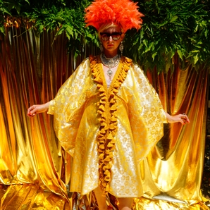 Gold Yellow Brocade silk tassel trim Kaftan Gown / Kimono Robe