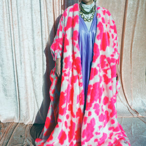 Neon Pink cow print long Fur Luxe Robe - Lined