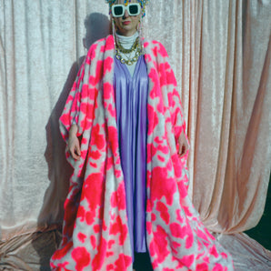 Neon Pink cow print long Fur Luxe Robe - Lined