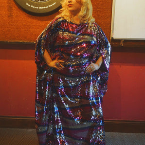 Pink, Silver and Blue Ziggy Slash Neck Kaftan Gown