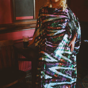 Iridescent White, Lilac and Green Ziggy Slash Neck Kaftan Gown