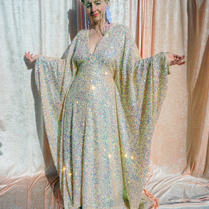 Creamy Peach Lurex Shimmering Iridescent Sequins Kaftan Gown / Kimono Robe