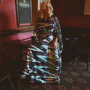 Iridescent White, Lilac and Green Ziggy Slash Neck Kaftan Gown