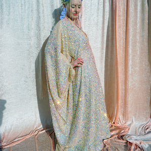 Creamy peach Lurex Shimmering Iridescent Sequins Kaftan Gown / Kimono Robe