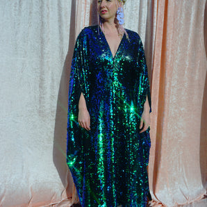 Holographic Blue / Green / Mermaid Matte Black Sequins Kaftan Gown / Kimono Robe