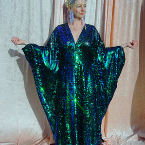 Holographic Blue / Green / Mermaid Matte Black Sequins Kaftan Gown / Kimono Robe