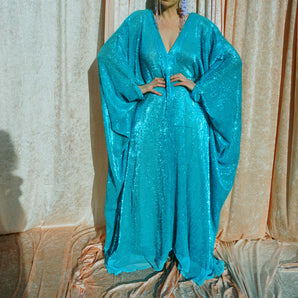 Blue pleated small shimmering Sequins Kaftan Gown / Kimono Robe