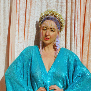 Blue Pleated Small Shimmering Sequins Kaftan Gown / Kimono Robe