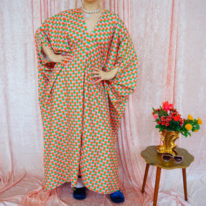 Pink, Orange, and Green corduroy Patterned V-Neck Kaftan Gown