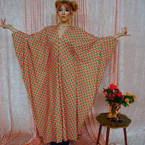 Pink, Orange, and Green corduroy Patterned V-Neck Kaftan Gown