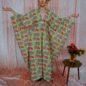 Green, Pink, Yellow, and Blue Patterned V-Neck Kaftan Gown