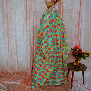 Green, Pink, Yellow, and Blue Patterned V-Neck Kaftan Gown