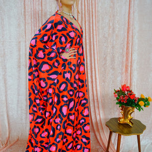 Cheetah Print Red and Pink Opulent Velvet V-Neck Kaftan Gown