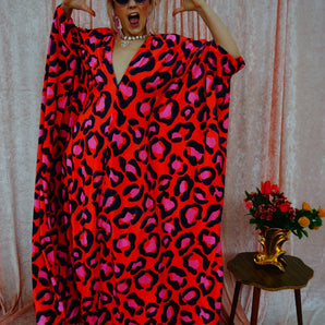 Cheetah Print Red and Pink Opulent Velvet V-Neck Kaftan Gown