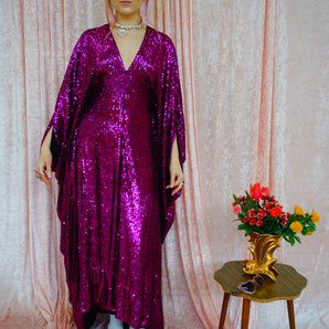 Fuchsia Pink Sequinned V-Neck Kaftan Gown